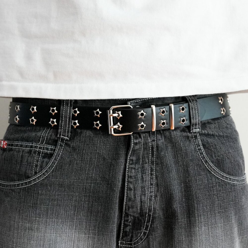 y2k star grommet black double hole belt — punk scene emo style